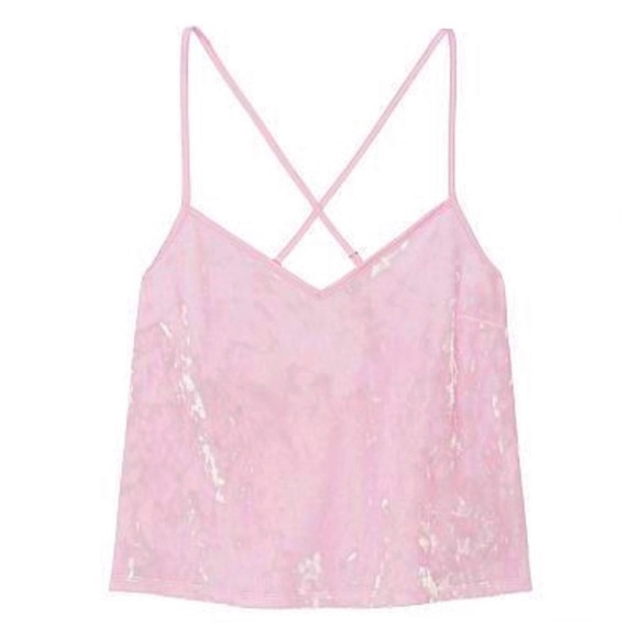 VICTORIA'S Secret Cami Velvet Velour Cross Over Cropped Camisole Sheen Pink Y2K - Picture 3 of 8